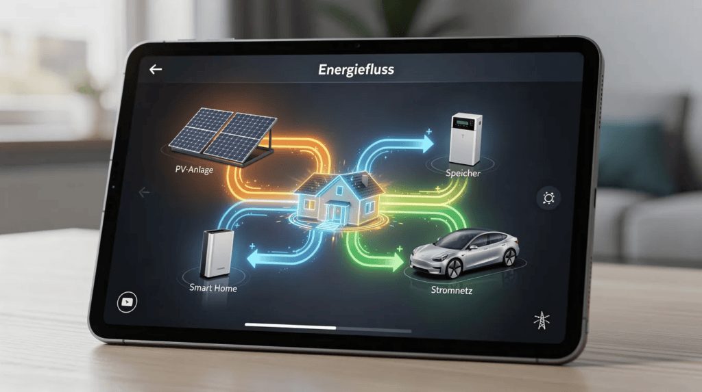 Digitales Smart Home Energie-Management mit Solaranlage, Speicher und Ladestation.