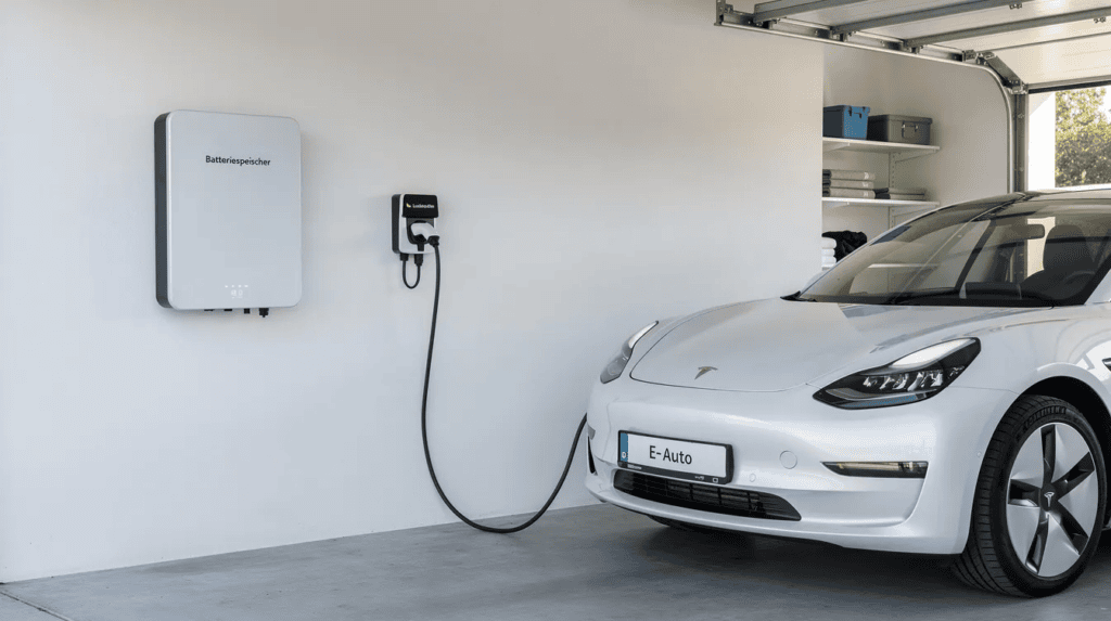 E-Auto Ladestation an der Wand, verbunden mit einem weißen Elektroauto im Carport.