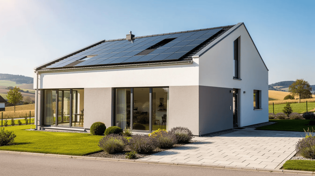 Modernes Haus mit Solaranlage, große Fenster und gepflegter Garten.