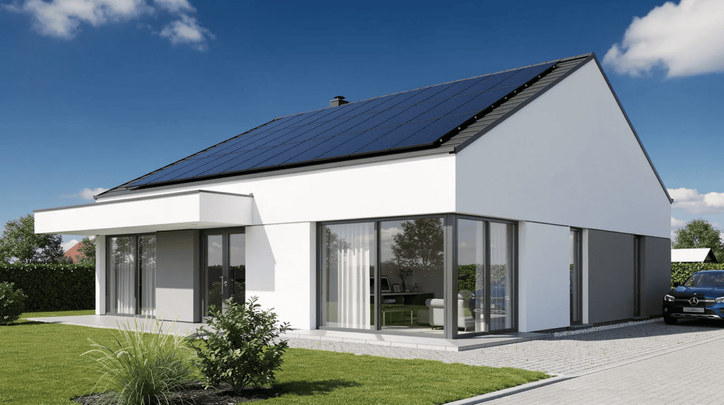 Energieeffizientes Solarhaus mit Solarpanelen auf dem Dach und großen Fenstern.