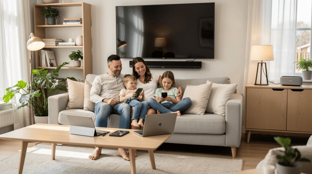 Familie sitzt auf Sofa, nutzt Smartphones und Laptop im modernen Wohnzimmer.