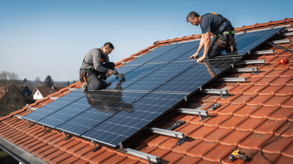Mitarbeiter installiert Solarpanels auf einem roten Ziegeldach.
