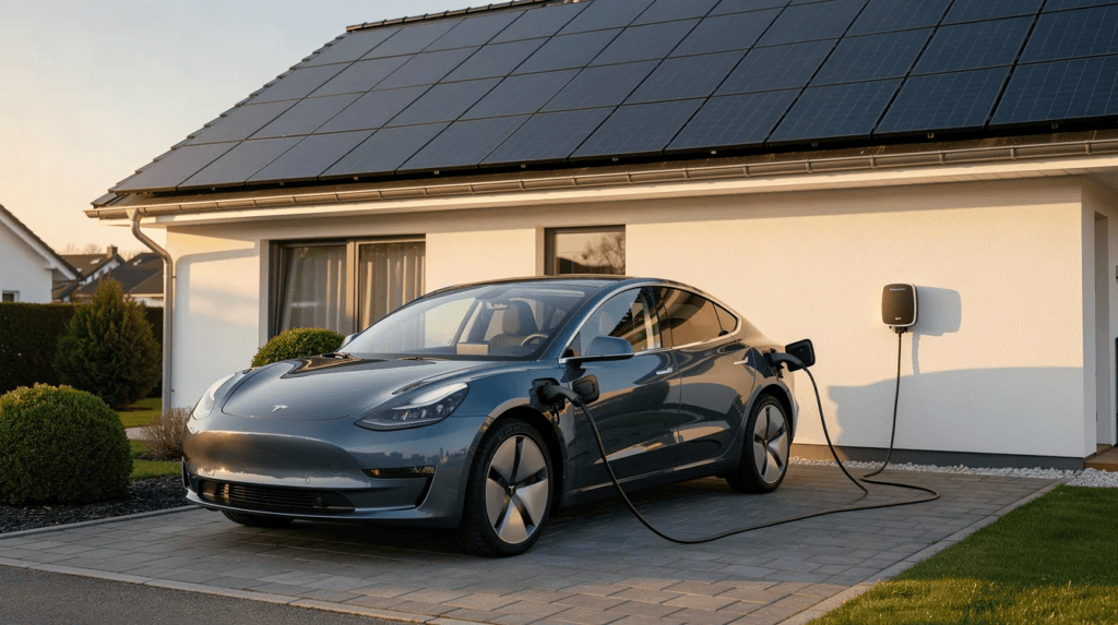 Tesla Elektroauto beim Laden an der Wandladestation im modernen Haus.