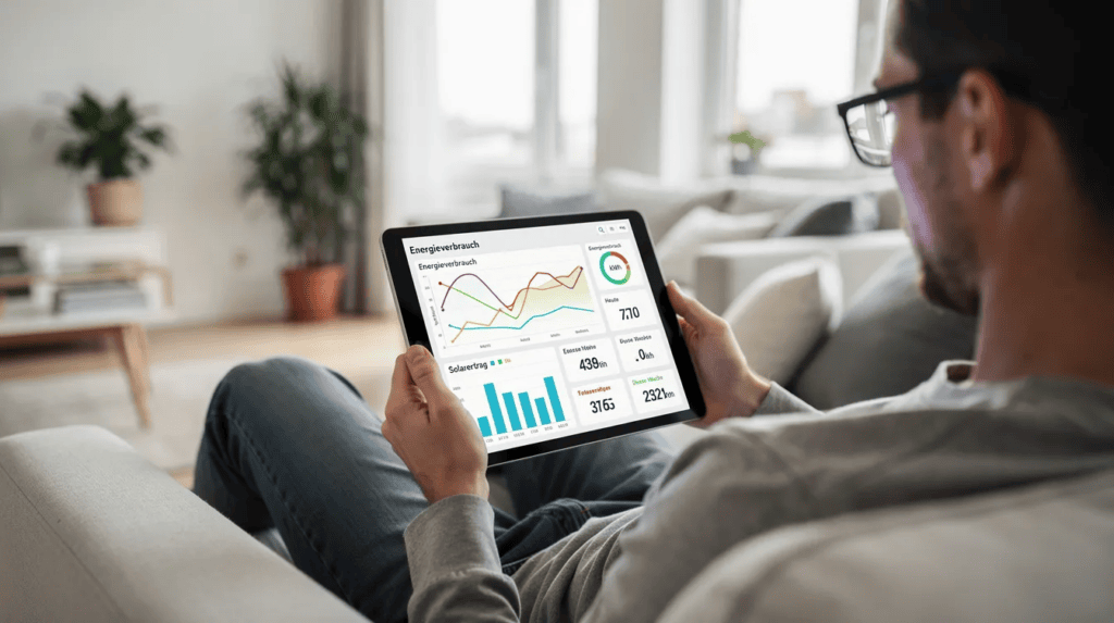 Mann analysiert Energieverbrauchsdaten auf Tablet in modernem Wohnzimmer.