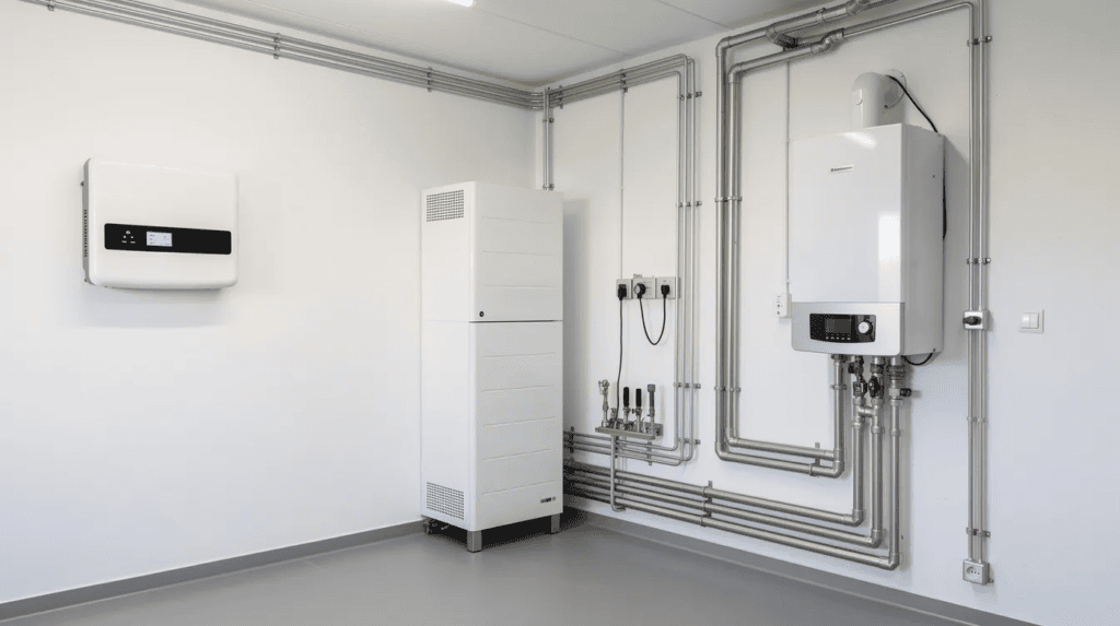 Energiespeicher und Heizsysteme in einem Technikraum, modern und effizient, für nachhaltige Energiev.