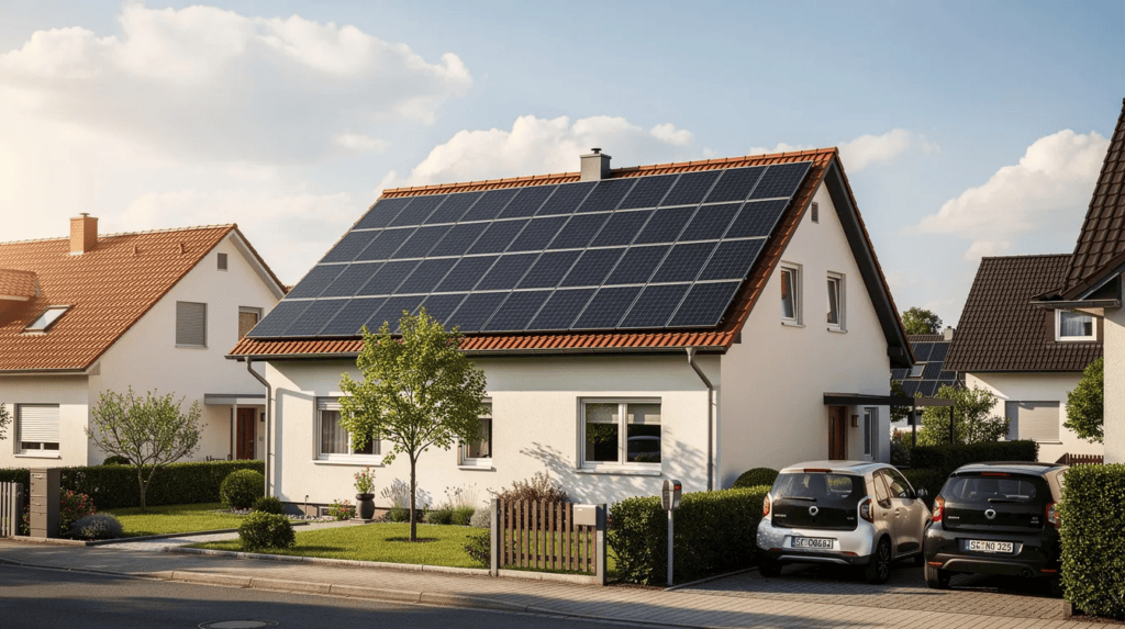 Solaranlage auf Dach eines modernen Einfamilienhauses in sonniger Lage.