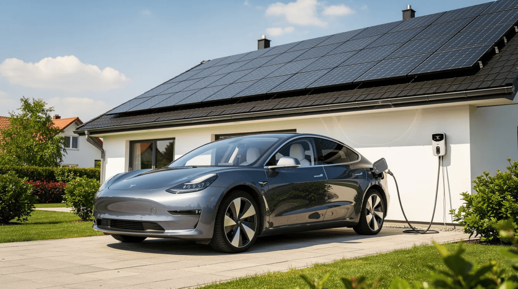 Elektroauto lädt an Solaranlage auf dem Hausdach, nachhaltige Energiequelle, umweltfreundliche Mobil.