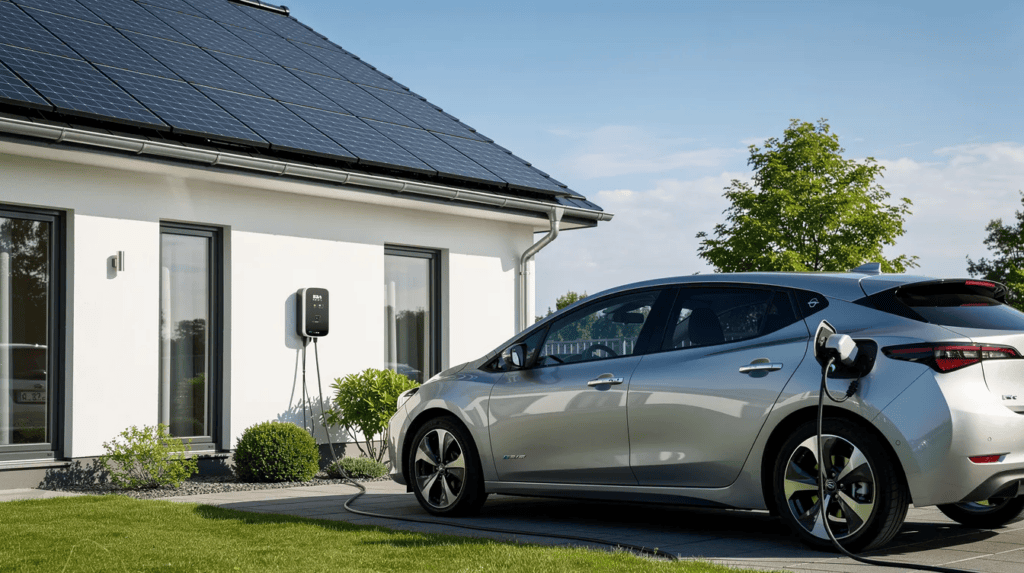 Elektroauto beim Laden vor einem modernen Haus mit Solaranlage.