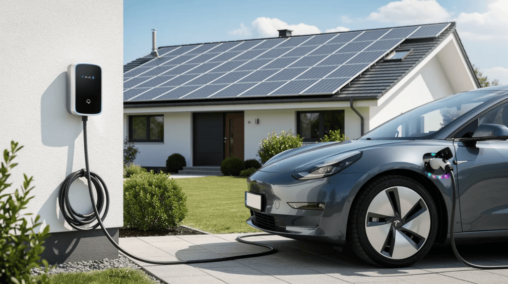 Elektroauto wird an Solarstrom-Ladestation geladen, umweltfreundliche Energiequelle.