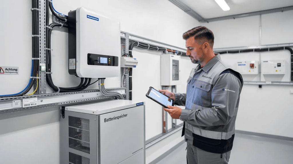 Batteriespeicher in einer technischen Anlage, überwacht mit Tablet.