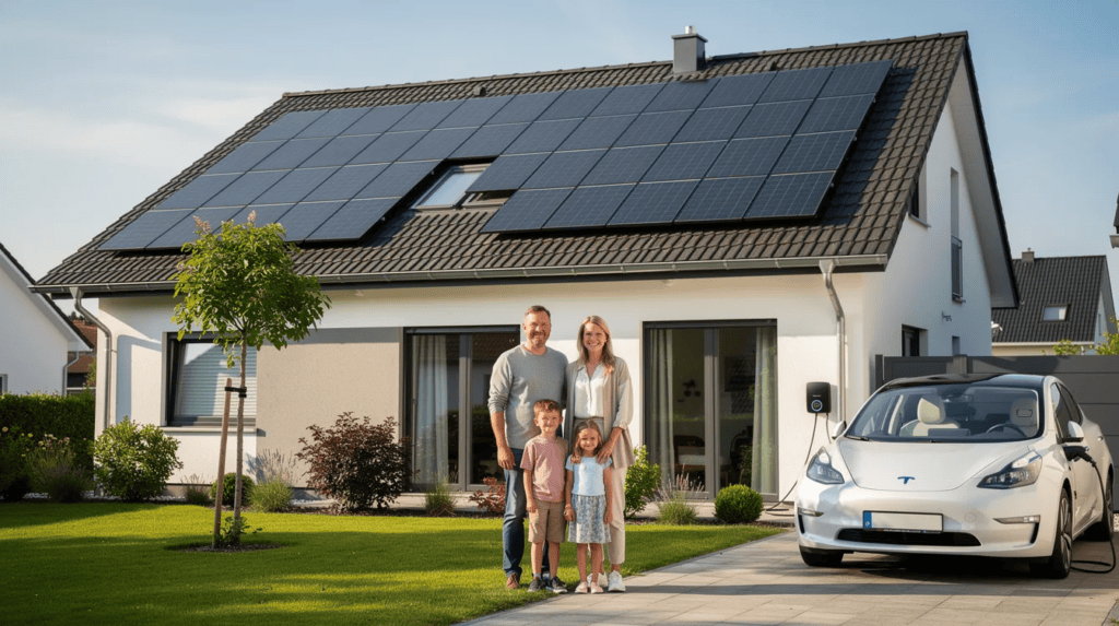 Nachhaltiges Solarhaus mit Familie, Solarzellen auf dem Dach, umweltfreundliche Energie, modernes Wo.