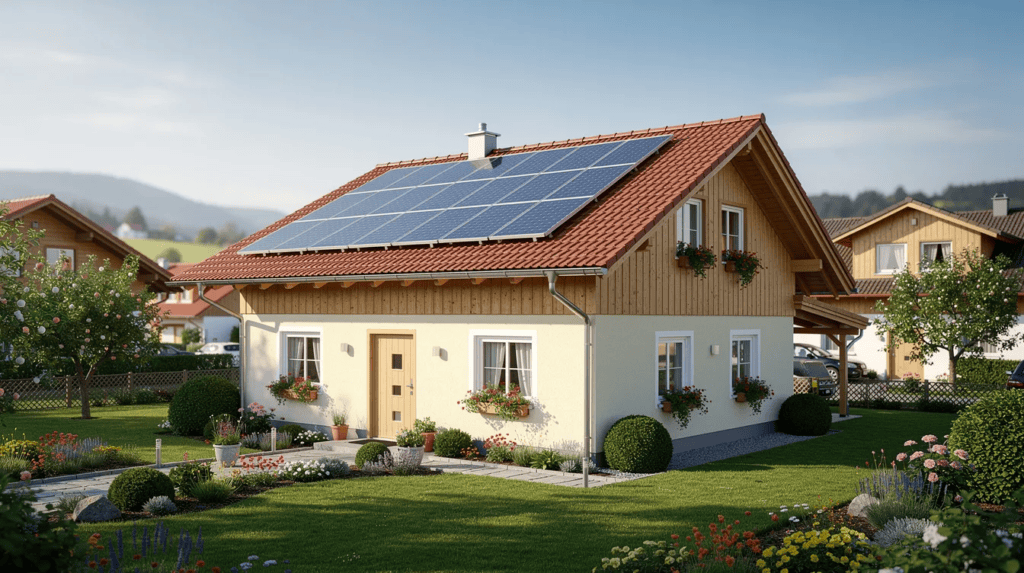Modernes Haus mit Solaranlage auf dem Dach in sonniger Umgebung.