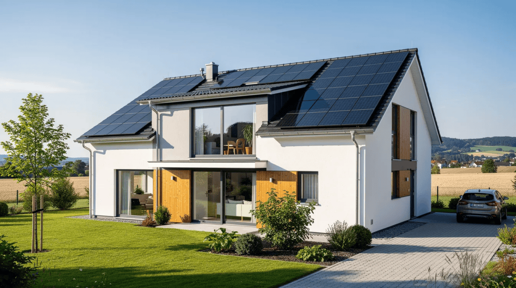 Energieeffizientes Haus mit Solarpanelen und großem Garten in sonniger Lage.