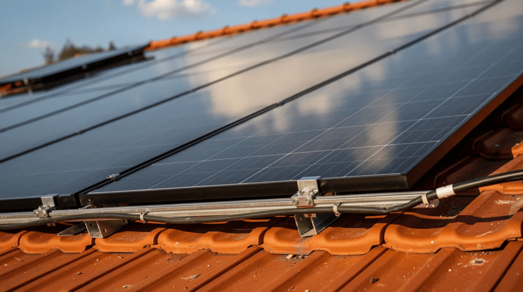 Solaranlage auf einem roten Ziegeldach mit Solarzellen.
