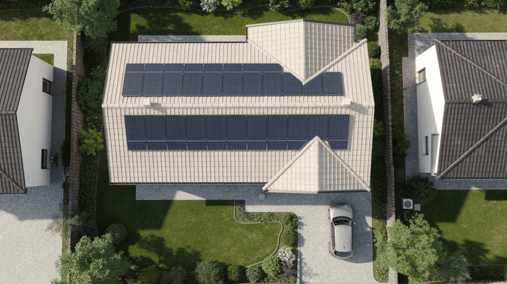 Hausdach mit Solarpanelen für nachhaltige Energie.