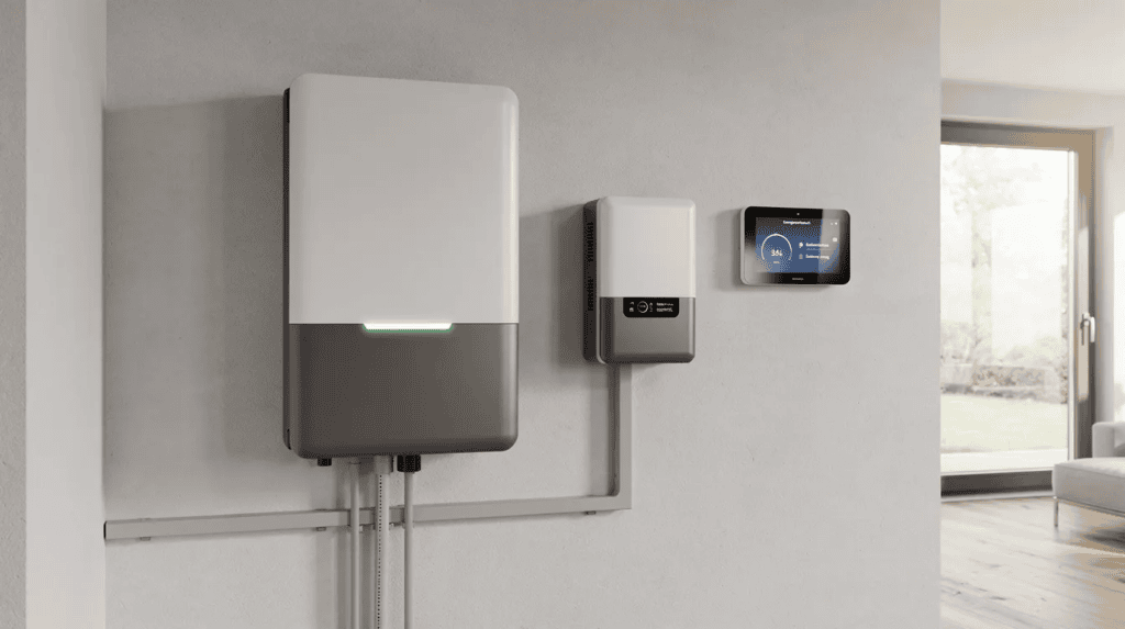 Moderne Solartechnik und Energiespeicher an der Wand in einem Haus.