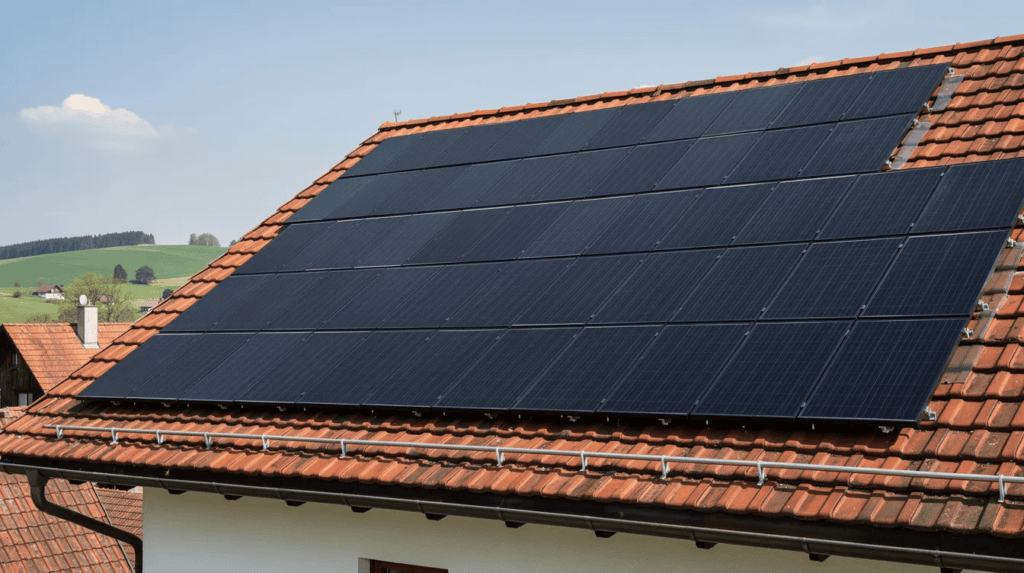 Solaranlage auf einem Hausdach mit Solarmodulen.