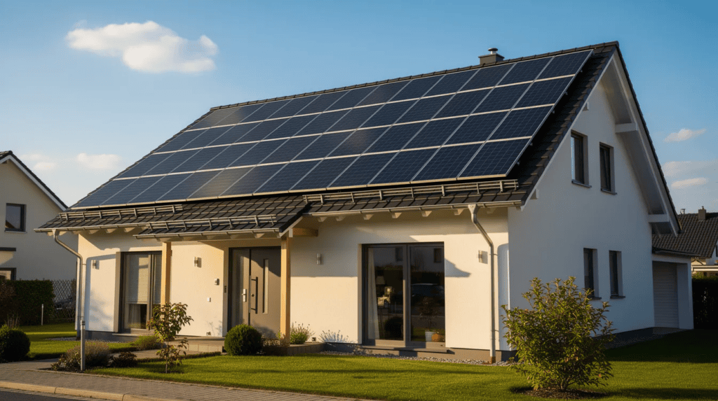 Haus mit großen Solarpanelen auf dem Dach, umweltfreundliche Energiequelle.
