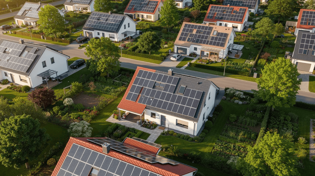 Moderne Einfamilienhäuser mit Solaranlagen auf Dächern in einer ruhigen Wohnsiedlung.