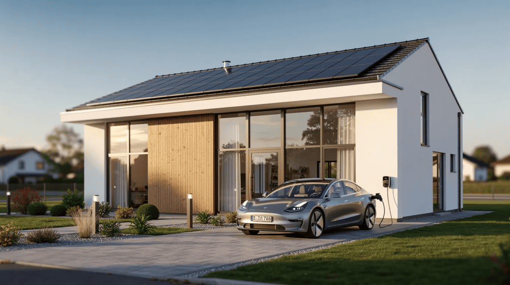 Modernes Solarhaus mit großen Glasfenstern und Solarpanelen auf dem Dach, umweltfreundlich und energ.