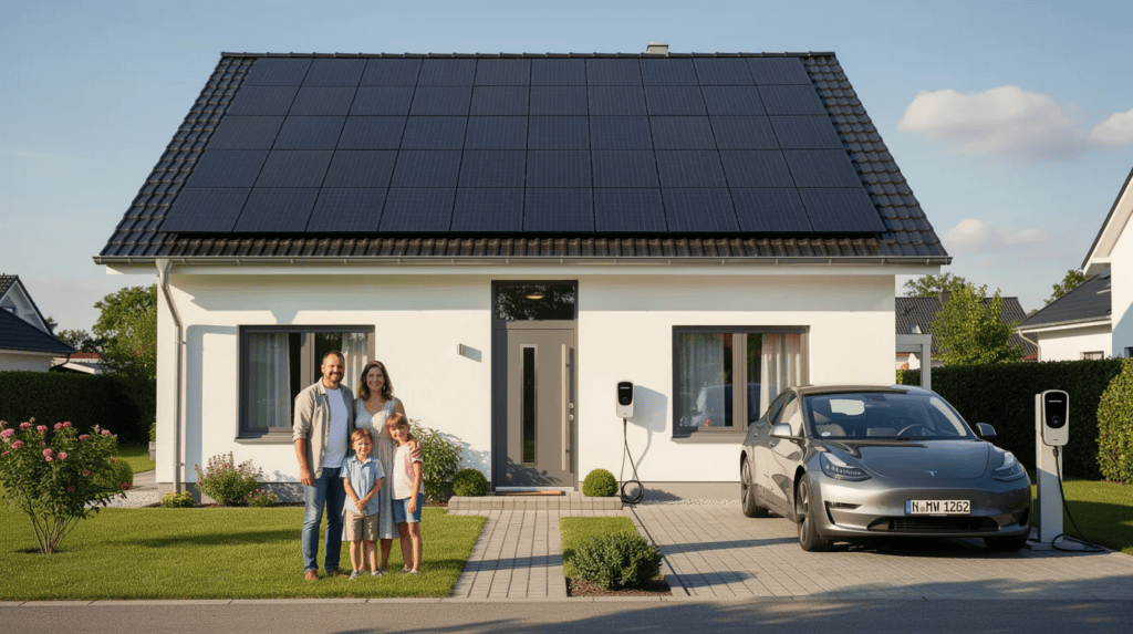 Modernes Einfamilienhaus mit Solaranlage auf dem Dach und Elektroauto an Ladestation.