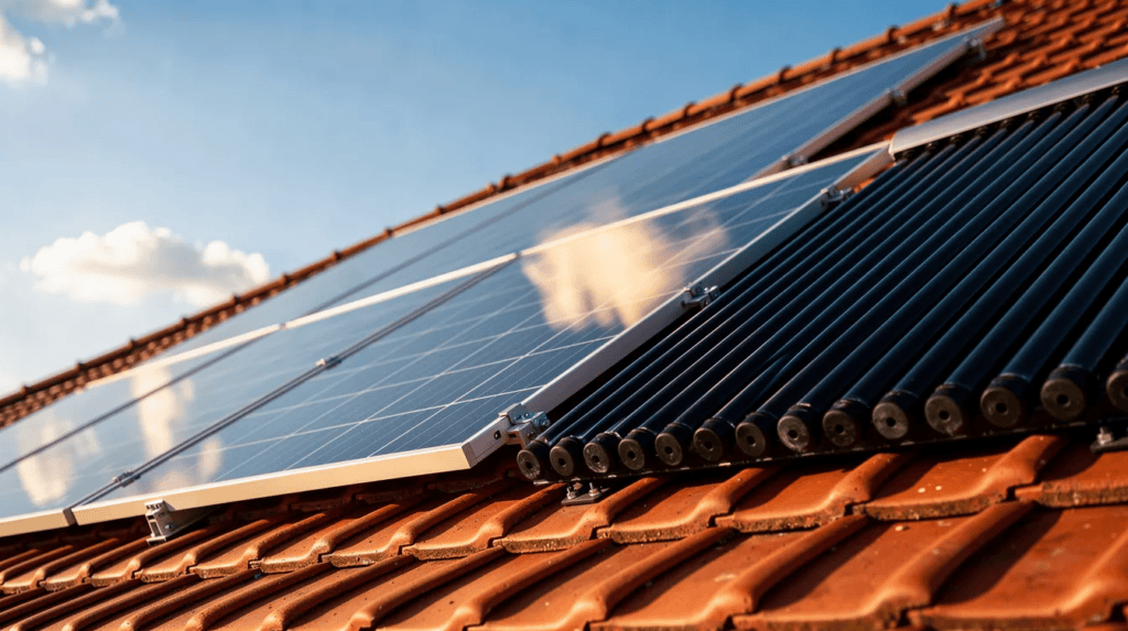 Solaranlage auf einem Hausdach mit Solarzellen für nachhaltige Energie.
