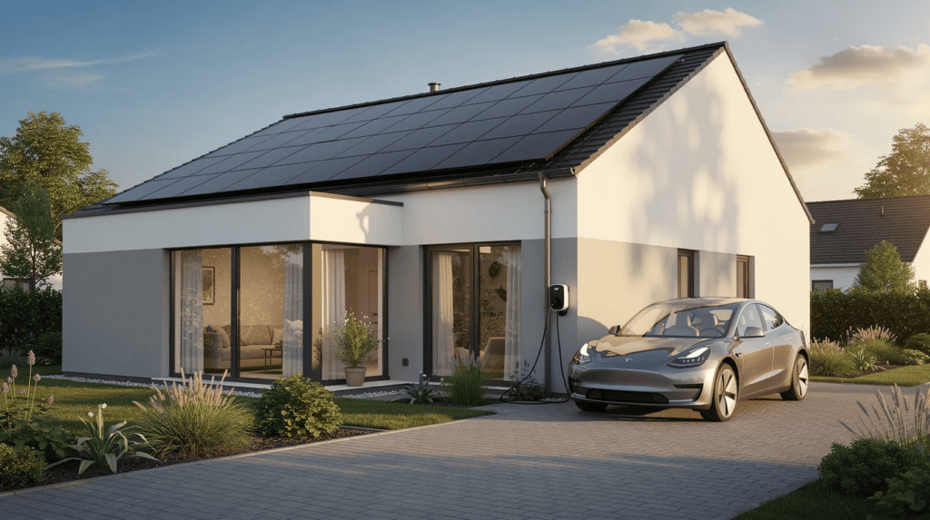 Modernes Solarhaus mit Elektroauto, nachhaltige Energie, umweltfreundliches Wohnen.