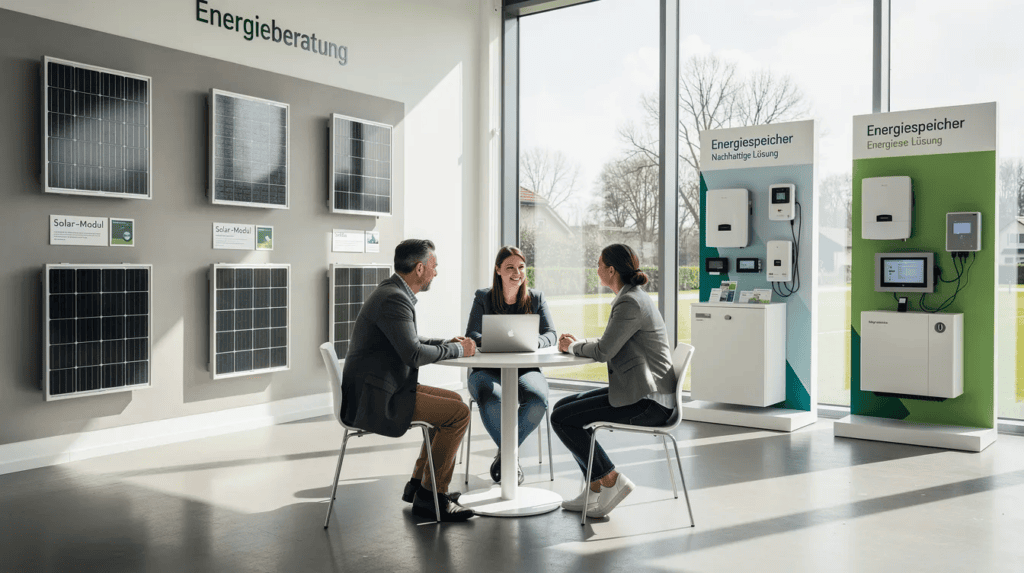 Beratungsgespräch zu Solarenergie und Energiespeichern in moderner Ausstellung.