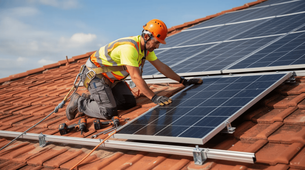 Installateur legt Solarmodule auf geneigtes Dach, nachhaltige Energiegewinnung.