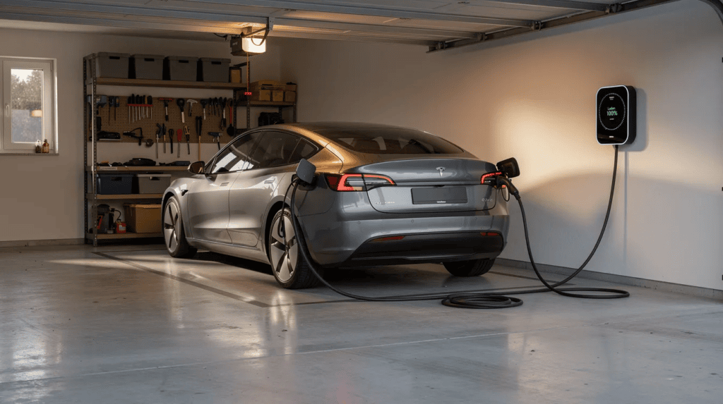 Elektroauto wird in der Garage an der Ladestation aufgeladen, umweltfreundliche Mobilität, nachhalti.