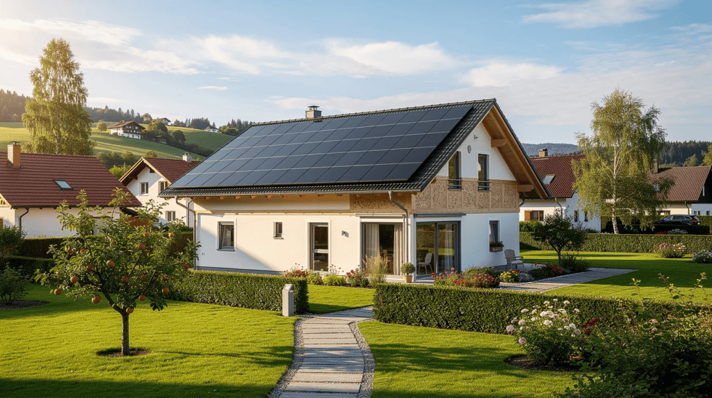 Modernes Solarhaus mit Solaranlage auf dem Dach in ländlicher Umgebung.